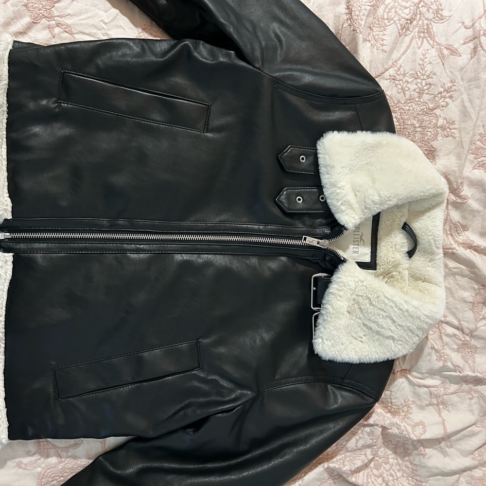 Black Leather Jacket with White Fur Collar